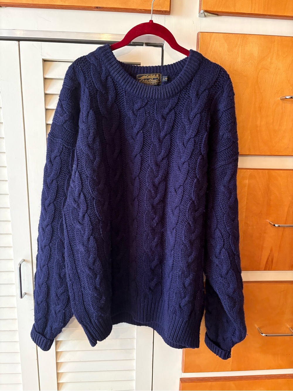 Eddie Bauer Navy Vintage Cable Knit Wool Sweater Large